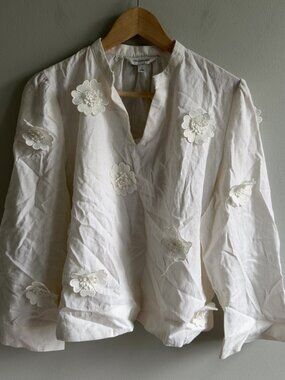Calligraphie Floral Applique Linen Blend Blouse White Long Sleeve Large Women's